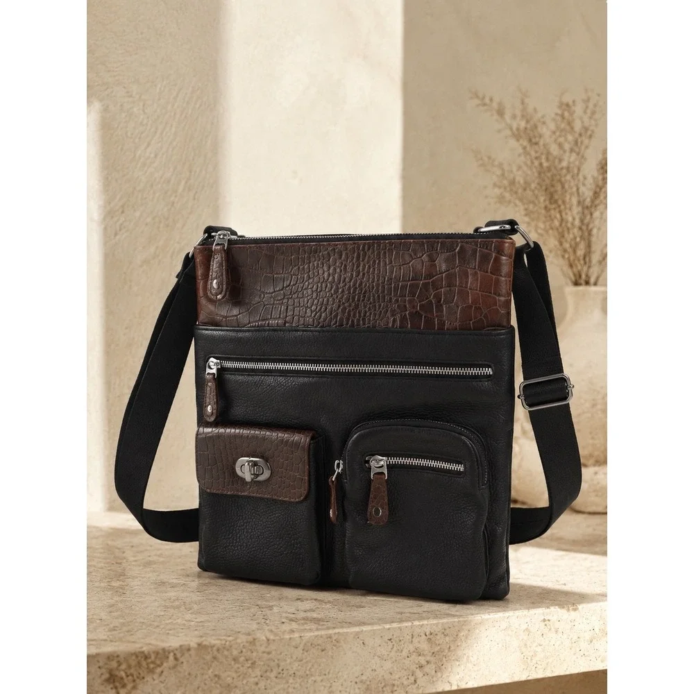 Brighton Black Brown Leather Croc Embossed Crossbody Bag E297898